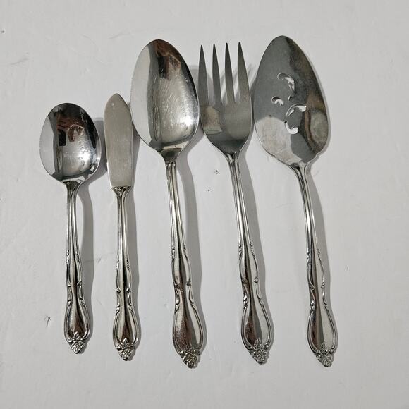 Vtg Oneida Ltd Wm Rogers Stainless Montclair Floral Tip Serving Pieces Lot of 5 - Picture 1 of 3